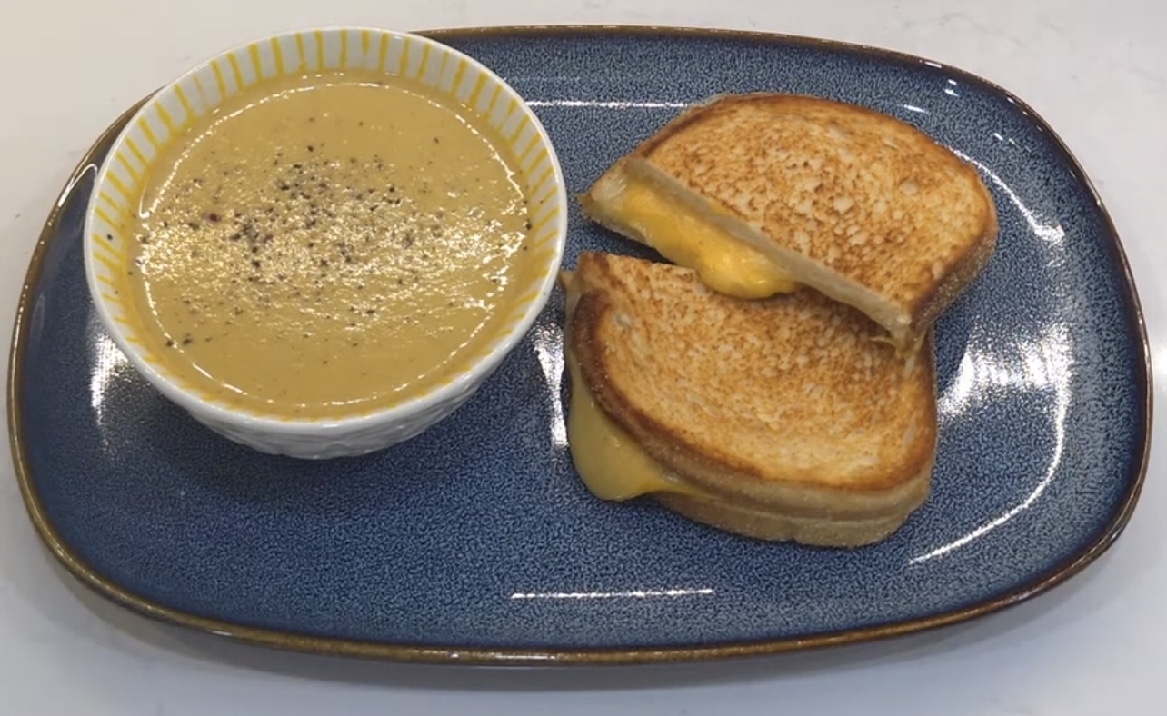 Creamy Broccoli & Almond Soup with Grilled Cheese